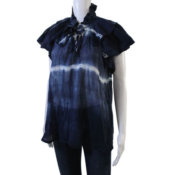 Raquel Allegra Womens Tie Dye Print Short Sleeves Blouse Navy Blue Cotton Size 2 - Picture 2 of 6